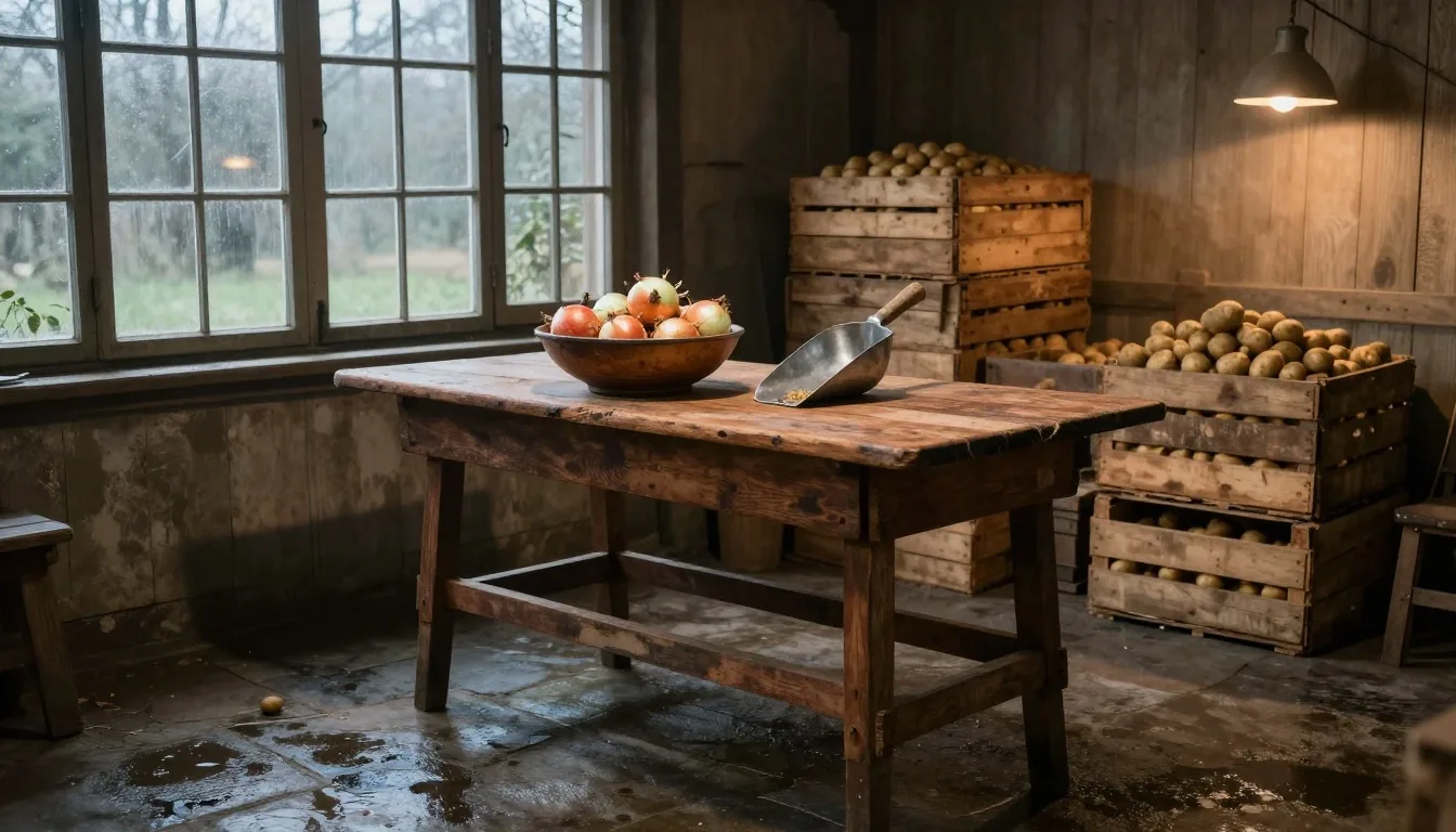 A sorting room at dusk with crates, wet stone and one warm lamp