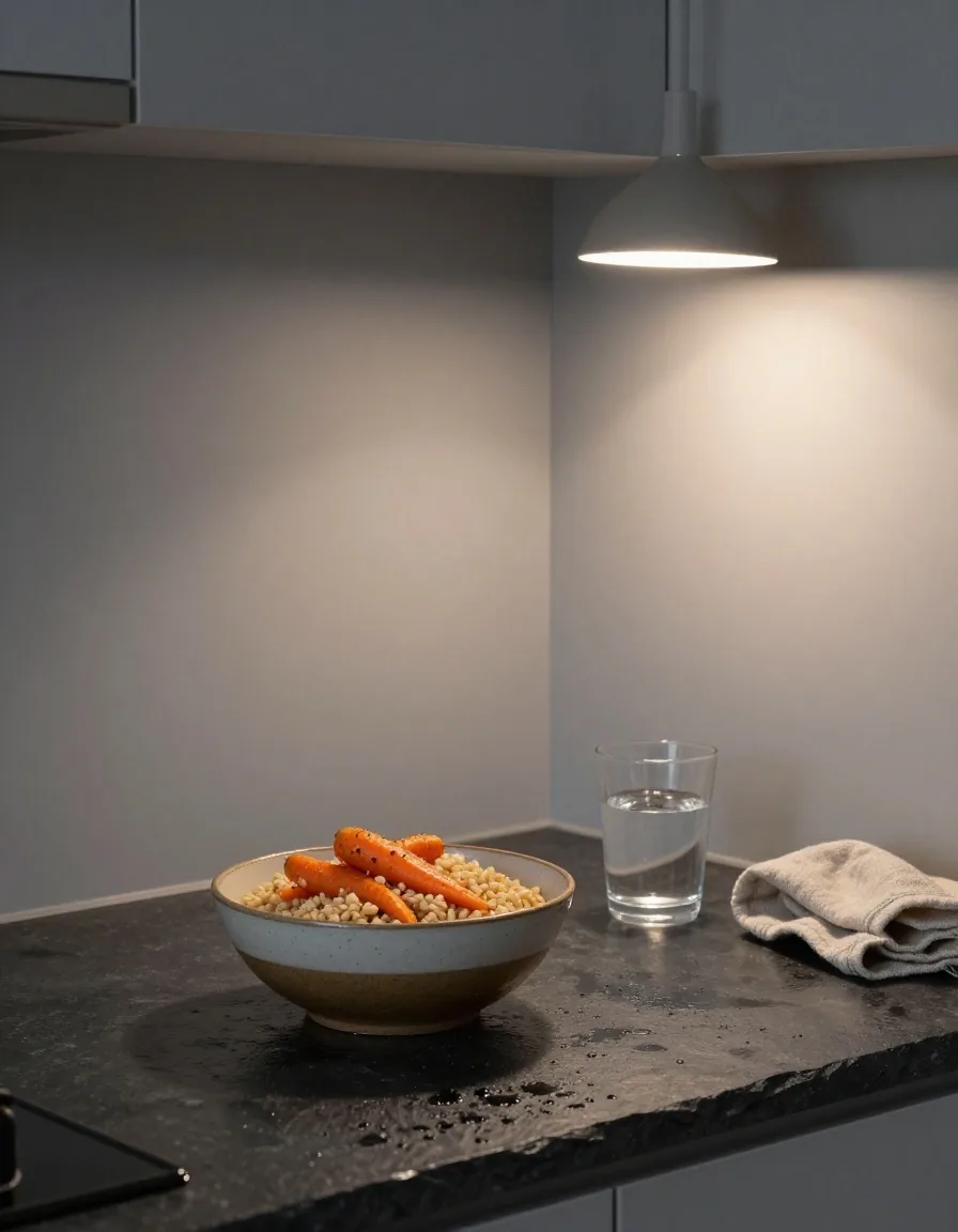 A simple evening meal of grains and vegetables on a slate counter
