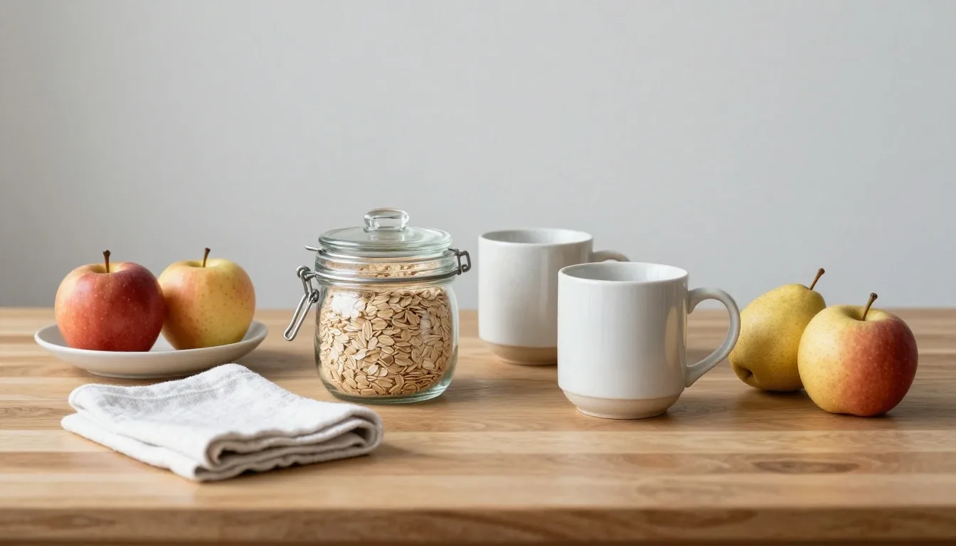 A practice consultation table in cool morning daylight, with a jar of oats, ceramic mugs and fresh fruit