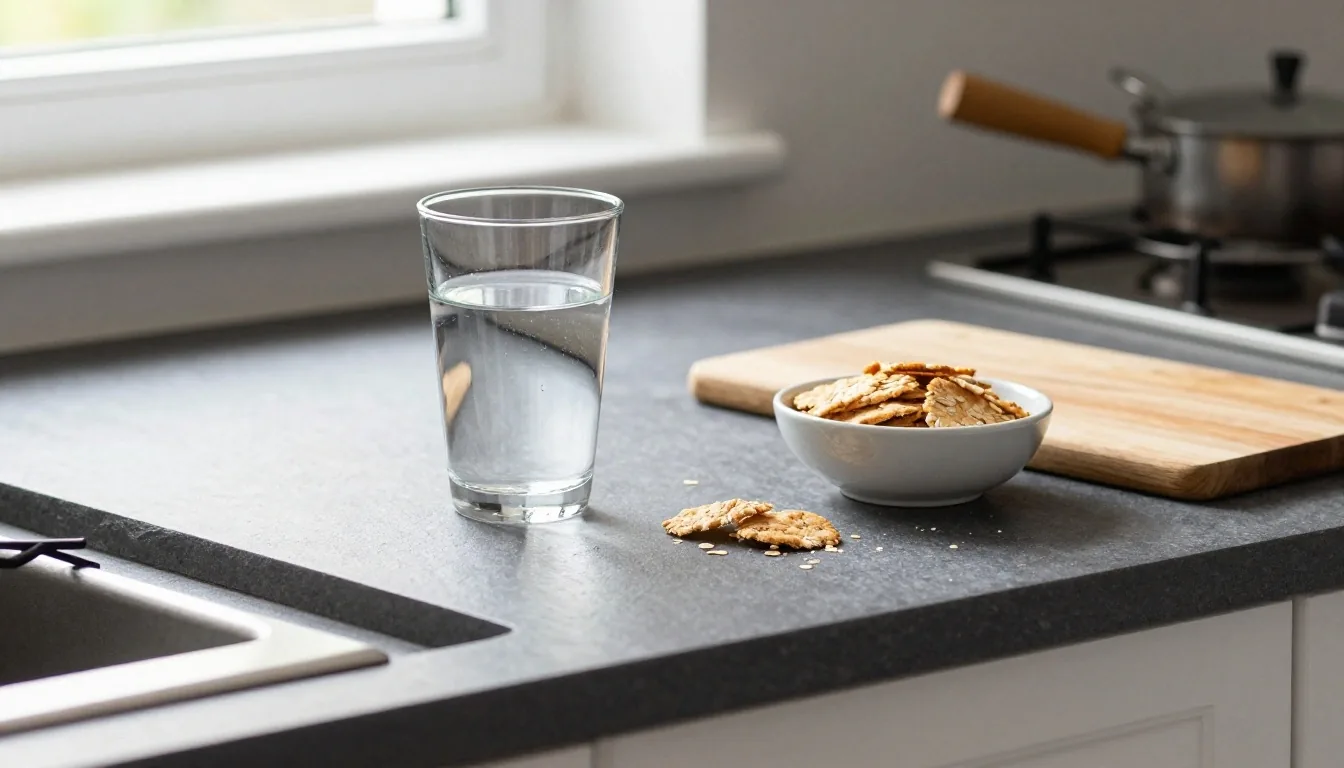 A daytime kitchen counter with a glass of water, oatcakes and a board set out on cool stone
