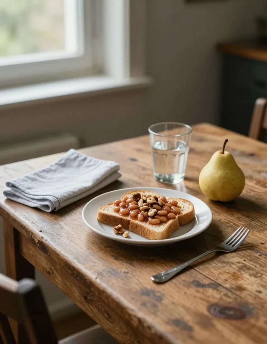 A midday plate of beans on toast with nuts, a pear and a glass of water on a stone counter