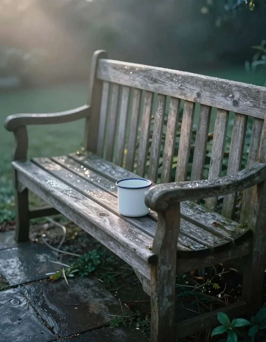 A garden bench and stone sill in early morning light with an enamel mug