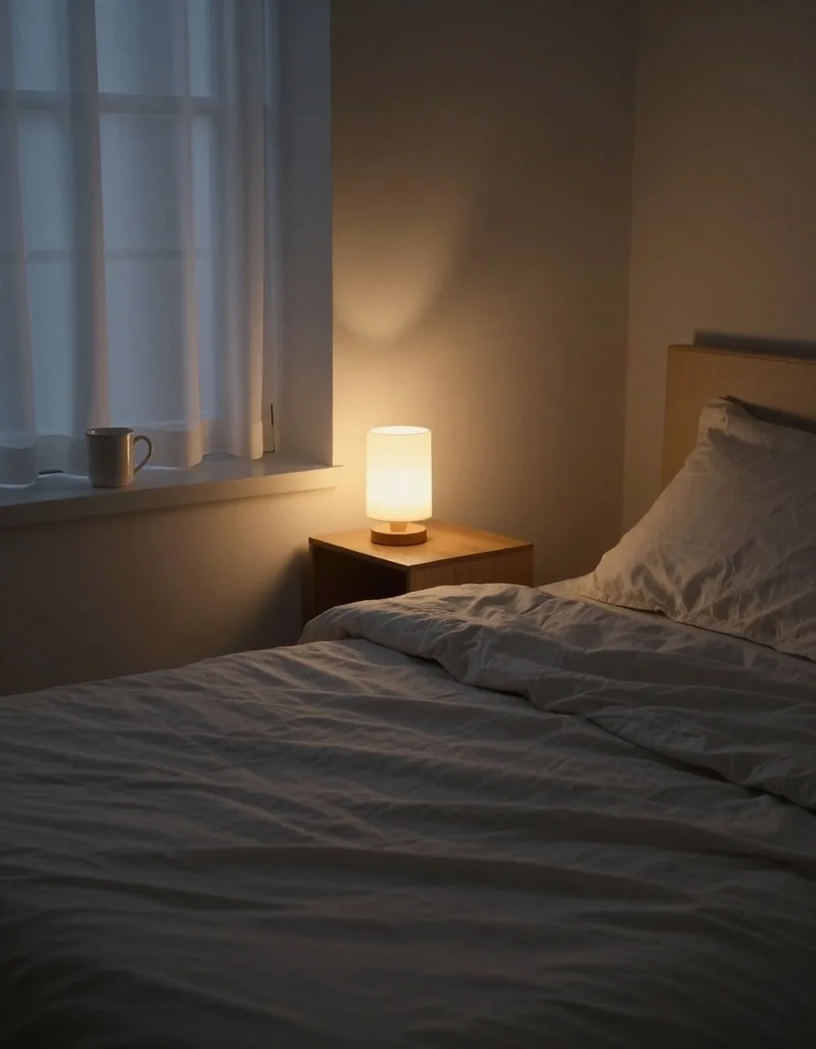 A quiet bedroom at night lit by a single warm bedside lamp