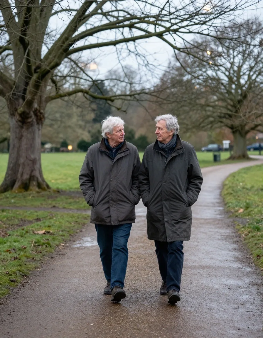 An older couple walking along a damp park path in late afternoon