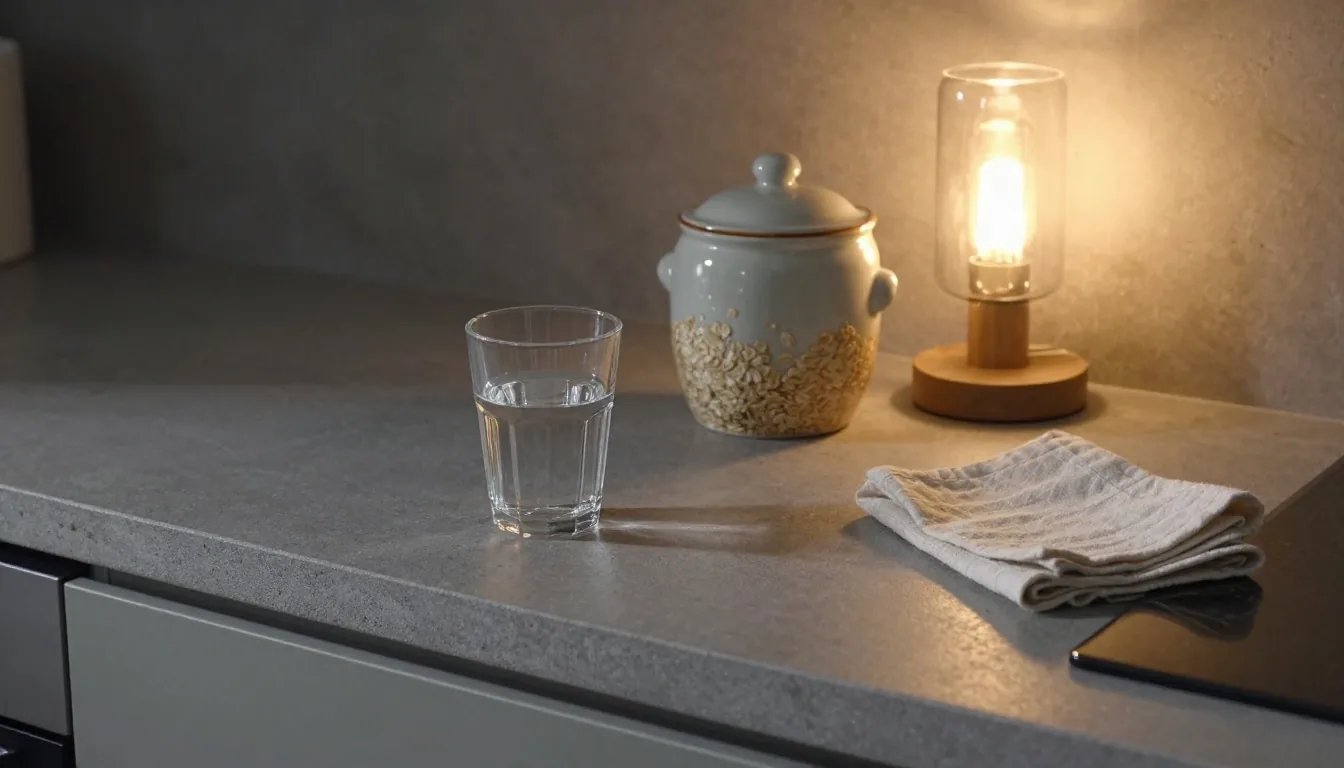 A quiet kitchen counter at dusk with water, oats and one warm lamp lighting the surface