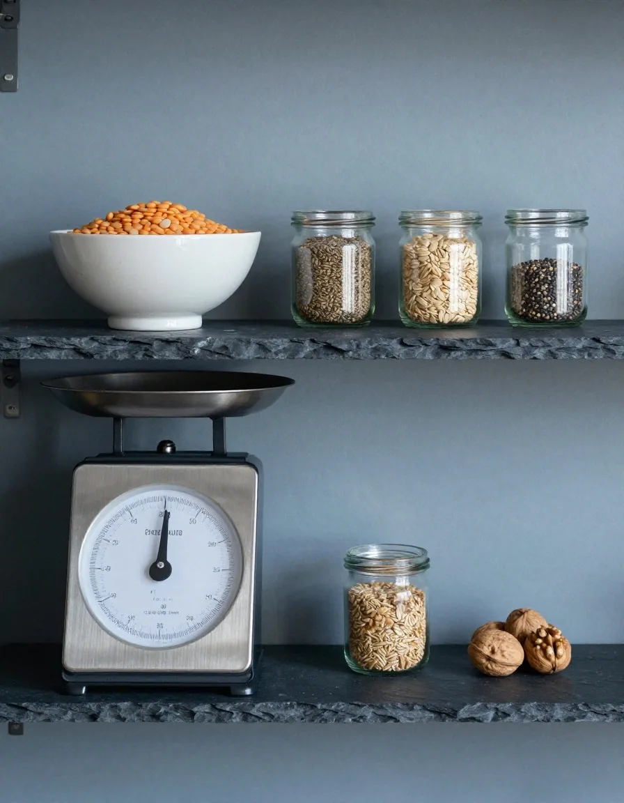 A slate table with a steel scale, ceramic bowl of lentils and small jars of oats, seeds and walnuts