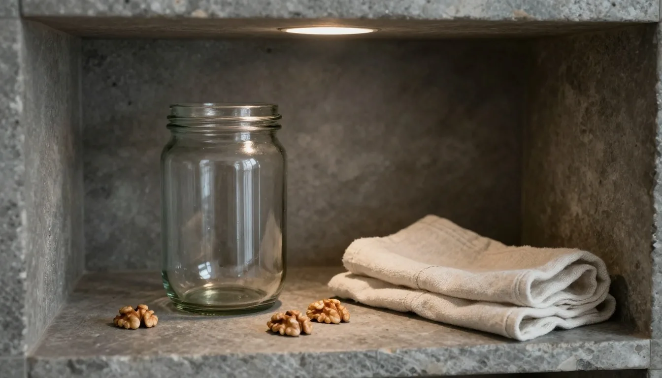 A cool stone shelf with an empty plain glass jar, a folded cloth and loose walnuts in faint daylight