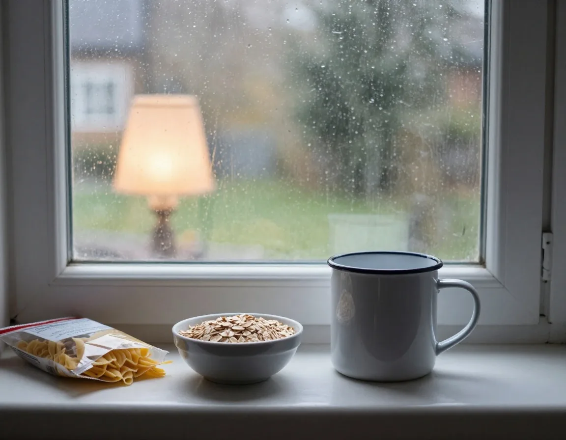 A UK kitchen windowsill in soft winter light with an enamel mug, oats and pasta against rain-marked glass