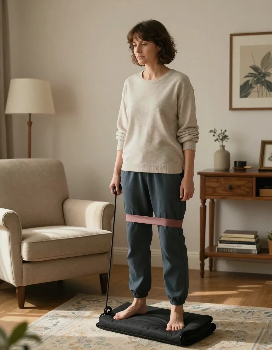 A woman in her fifties holding a band-resisted balance position beside an armchair in a living room