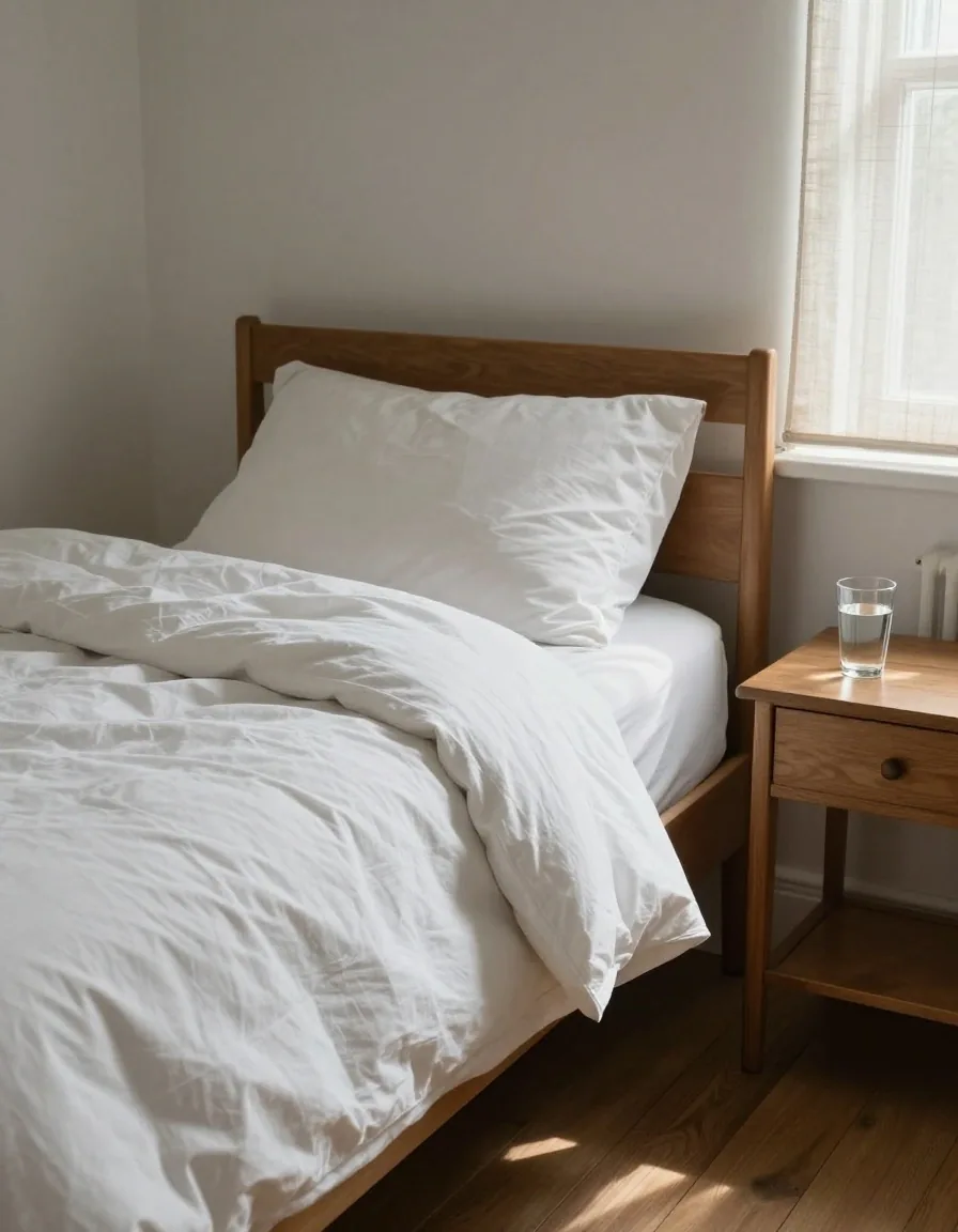 A plain bedroom at first light with a made bed, water glass and a half-drawn linen blind