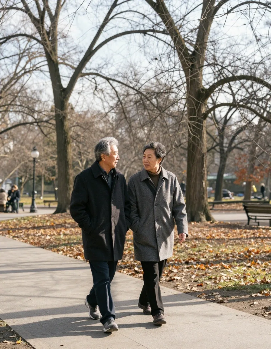 A couple in their sixties walking side by side on a park footpath in early autumn