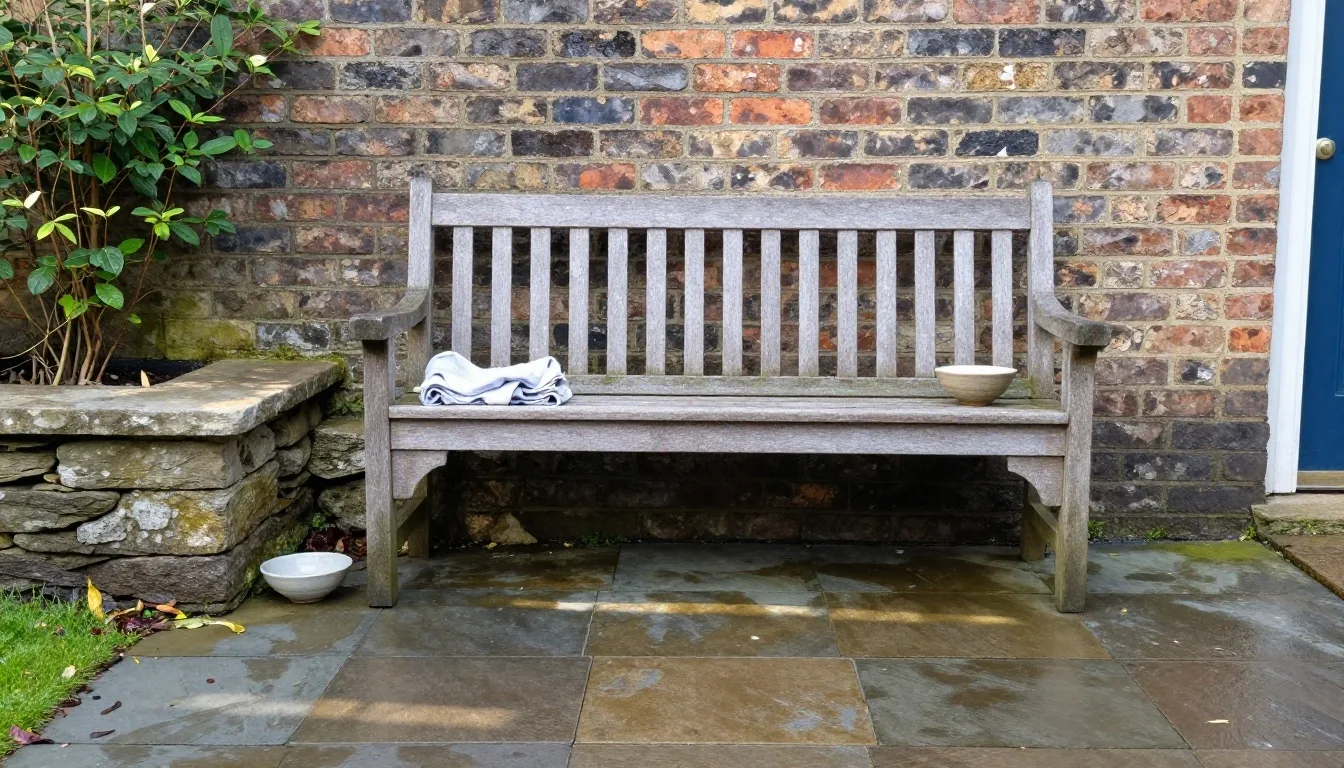 A garden bench and stone sill in early morning light, with a folded cloth and ceramic bowl left on the ledge