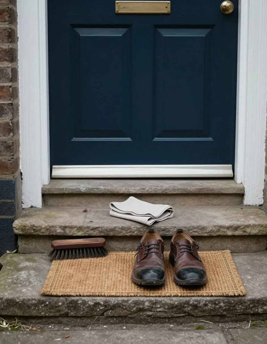 A shoe tray by a doorway with worn leather walking shoes, a brush and a folded cloth
