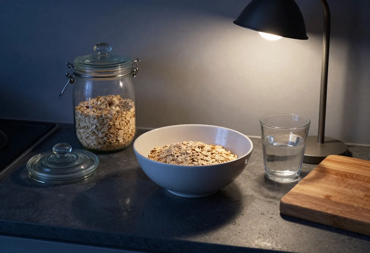 A kitchen counter at dusk with a bowl of oats, a lidded jar and a glass of water on wet slate