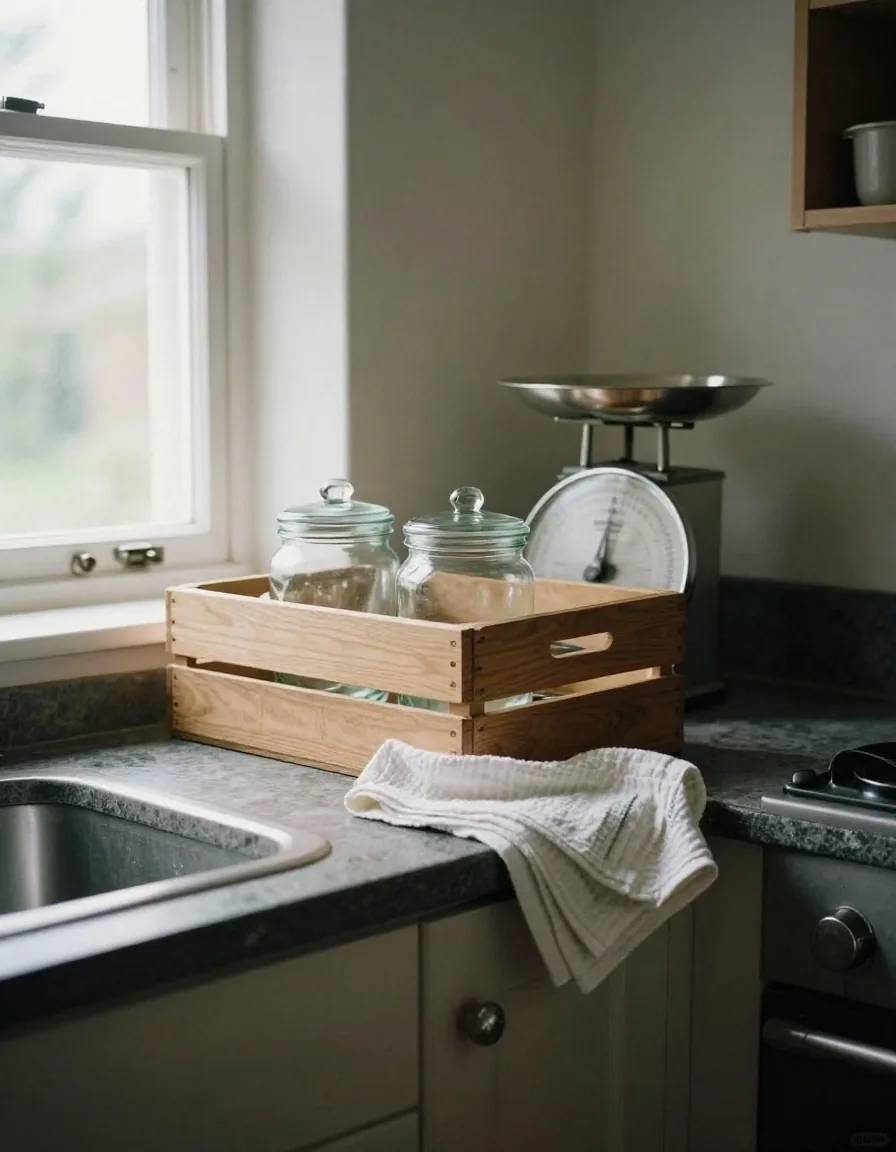 A wooden crate, brushed steel scale and lidded glass jars on a stone kitchen counter in dusk light
