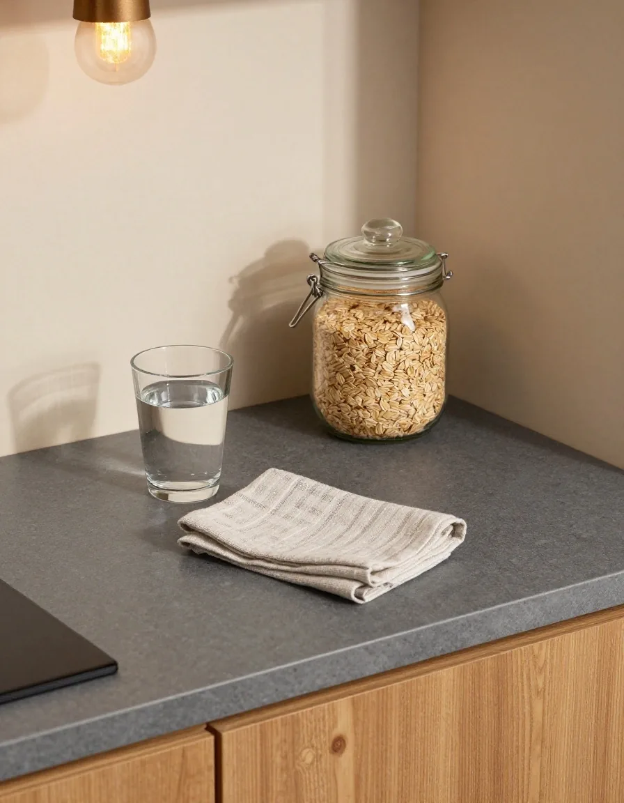Still life of a water glass, a lidded jar of oats and a folded cloth on a slate surface, lit by a single warm lamp