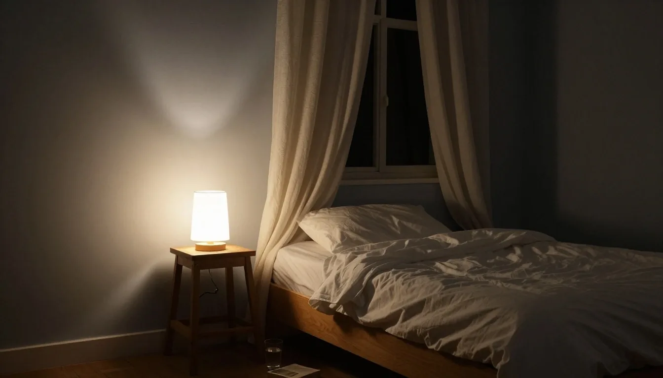 A dimly lit living room at dusk with a single warm lamp glowing beside a curtained window