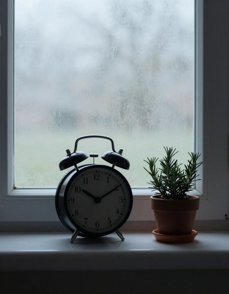 A plain alarm clock on a kitchen windowsill in early morning light