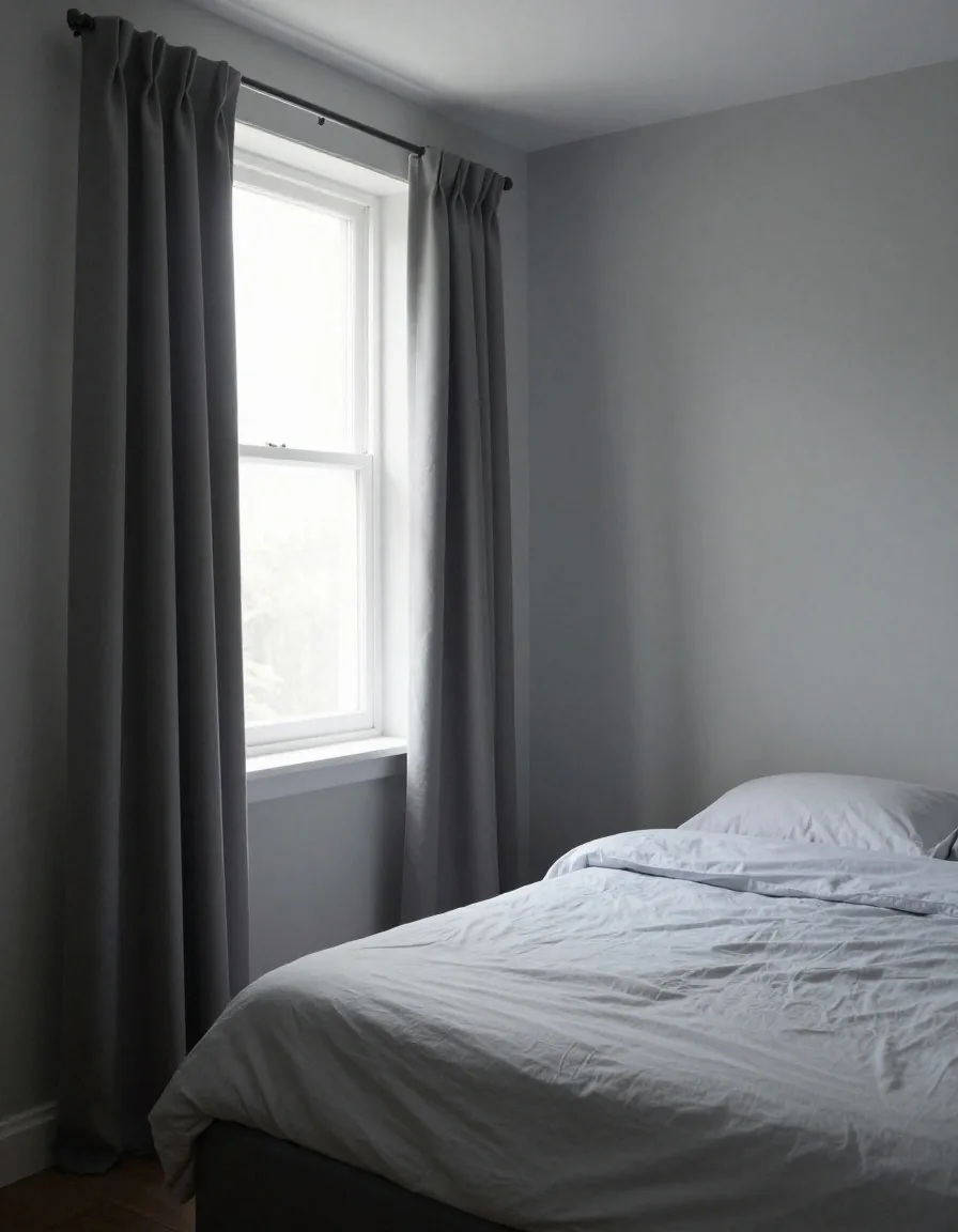 A plain bedroom in early morning with a thin band of daylight entering past a blackout curtain
