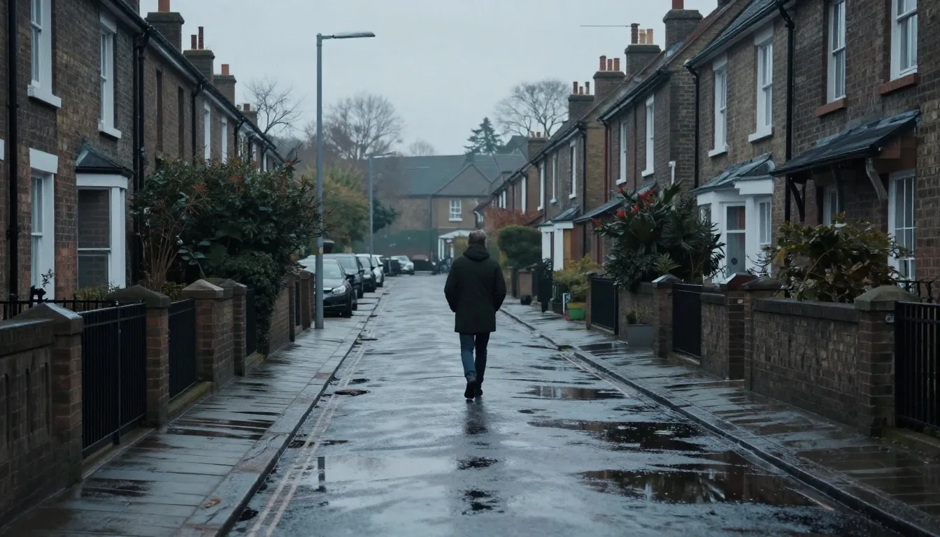 A person walking along a quiet residential street in the early morning