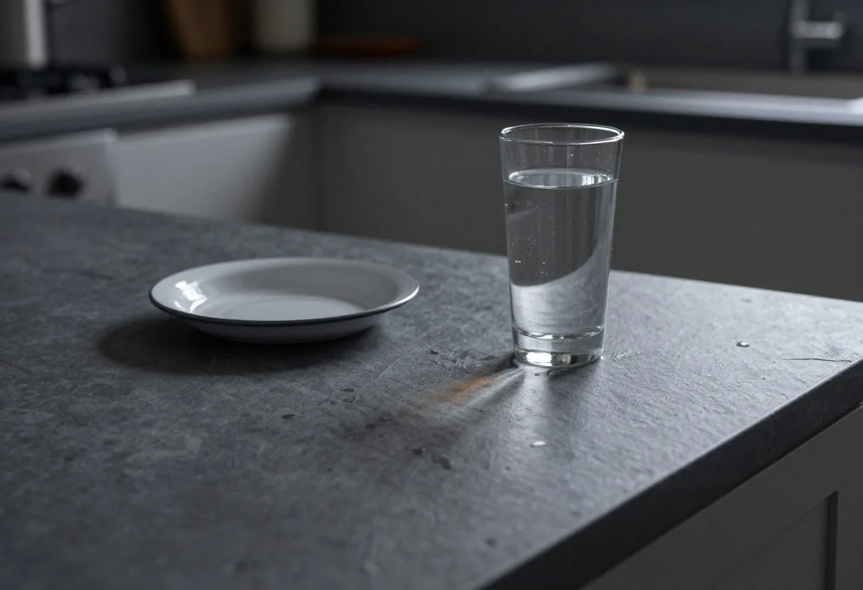 A glass of water and a small enamel dish on a slate counter under one warm lamp at dusk