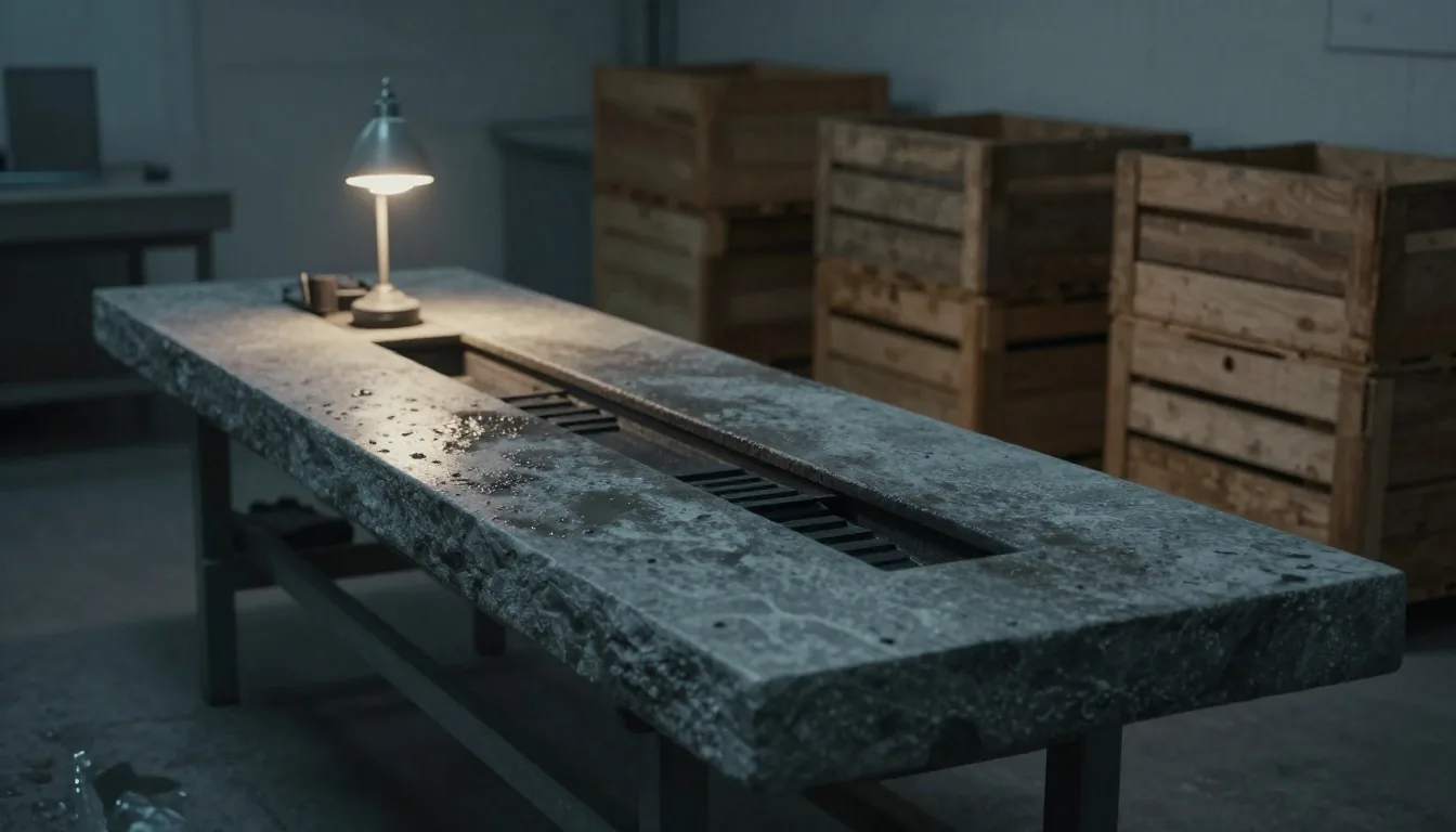 A stone-topped sorting table in a cool packing shed at dusk, wooden crates stacked behind and one warm lamp lit at the edge